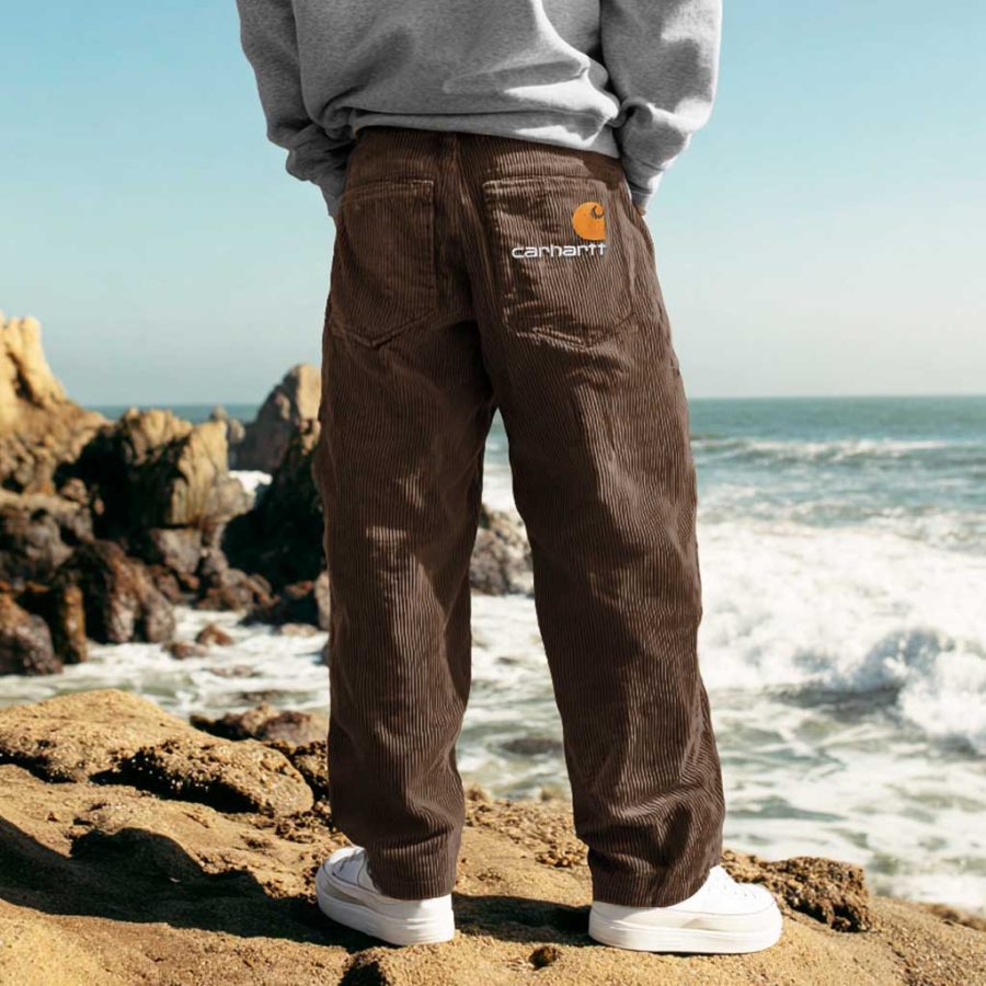 

Carhartt Men's Vintage Surf Embroidered Brown Corduroy Multi-Pocket Elastic Drawstring Pants