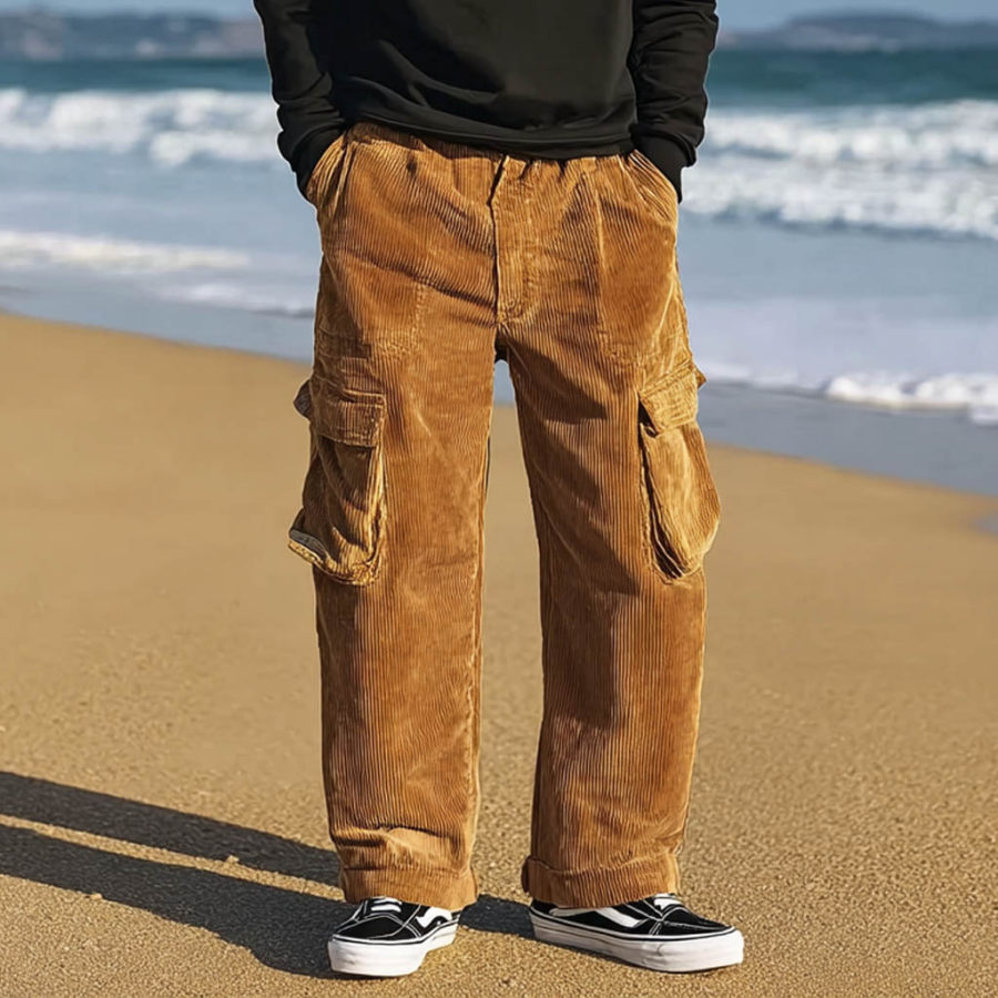 

Men's Vintage Surf Corduroy Elastic Drawstring Cargo Pants Trousers