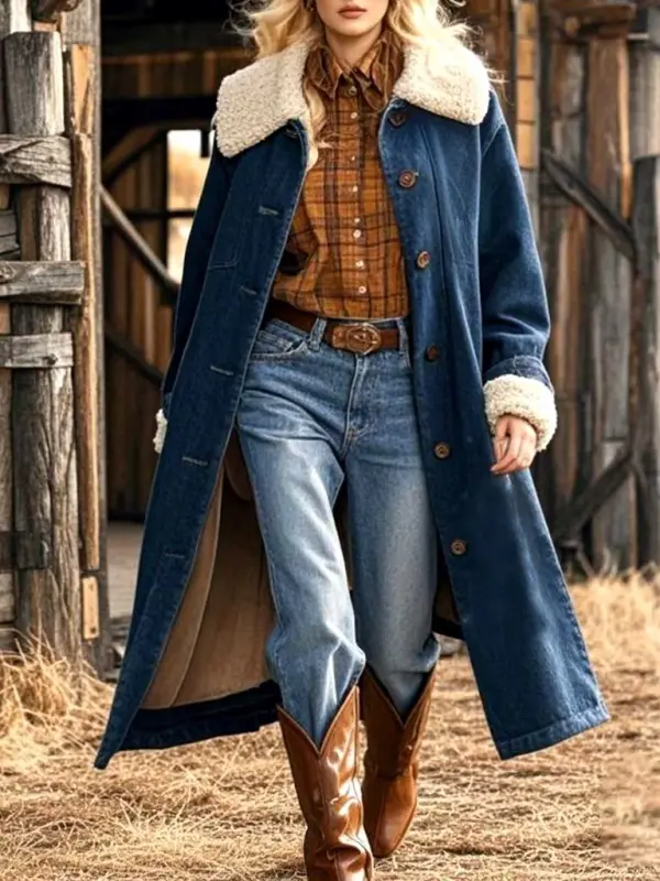 Women's Vintage Western Cowgirl Mid-Length Fleece Lapel Coat Jacket - Menbarn.com 