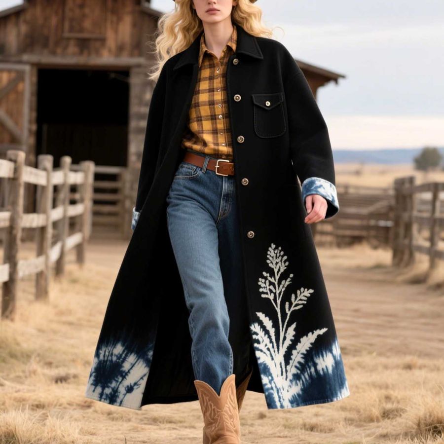 

Women's Vintage Western Cowgirl Cyanotype Plant Tie-Dye Mid-Length Lapel Black Coat Jacket