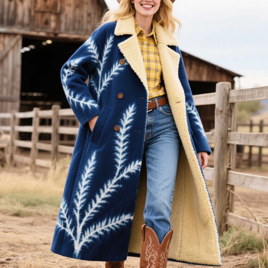 

Women's Vintage Western Cowgirl Cyanotype Plant Tie-Dye Mid-Length Fleece Fur Lapel Blue Coat Jacket