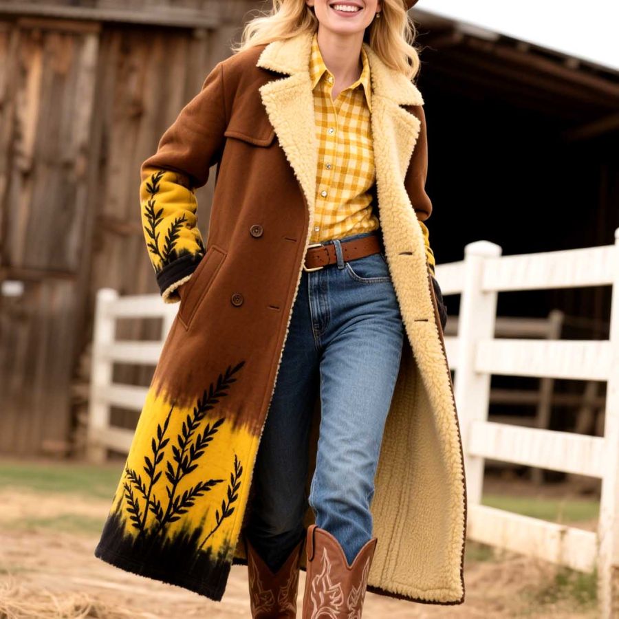 Women's Vintage Western Cowgirl Cyanotype Botanical Tie-Dye Print Mid-Length Fleece Lapel Brown Coat Jacket