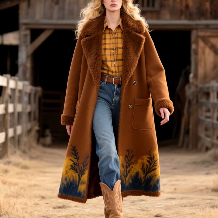 Women's Vintage Western Cowgirl Floral Cyanotype Print Mid-Length Fleece Fur Lapel Brown Coat Jacket