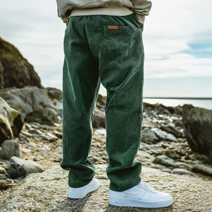 Men's Vintage Surf Dark Green Corduroy Multi-Pocket Casual Elastic Drawstring Pants Trousers