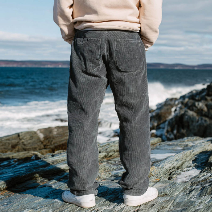 Men's Vintage Surf Gray Corduroy Multi-Pocket Elastic Drawstring Pants