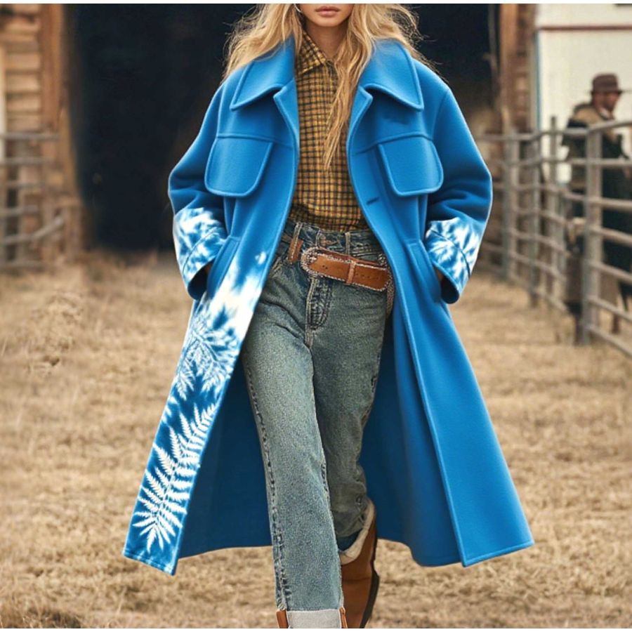 Women's Vintage Western Cowgirl Cyanotype Plant Tie-Dye Mid-Length Lapel Blue Coat Jacket