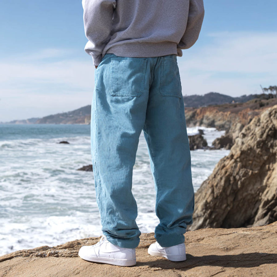 Men's Vintage Surf Light Blue Corduroy Multi-Pocket Elastic Drawstring Pants