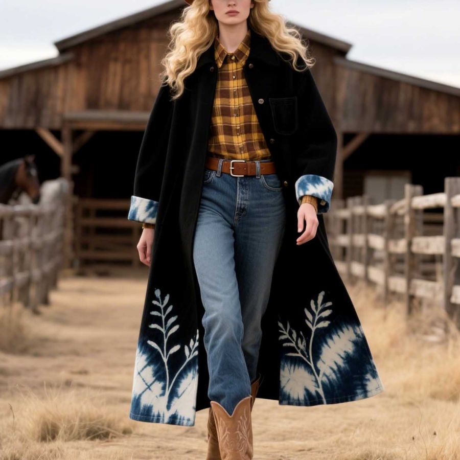 

Women's Vintage Western Cowgirl Cyanotype Plant Tie-Dye Mid-Length Lapel Black Coat Jacket