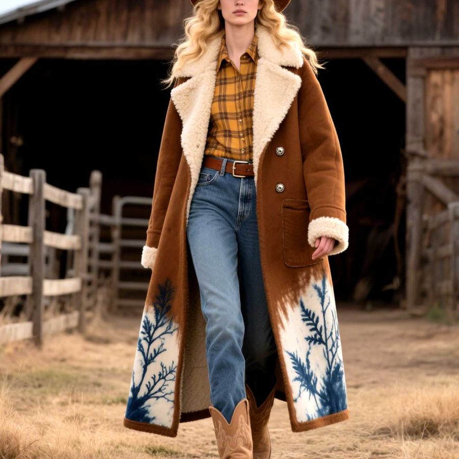 Women's Vintage Western Cowgirl Cyanotype Plant Tie-Dye Gradient Wool Print Mid-Length Fleece Lapel Coat Jacket