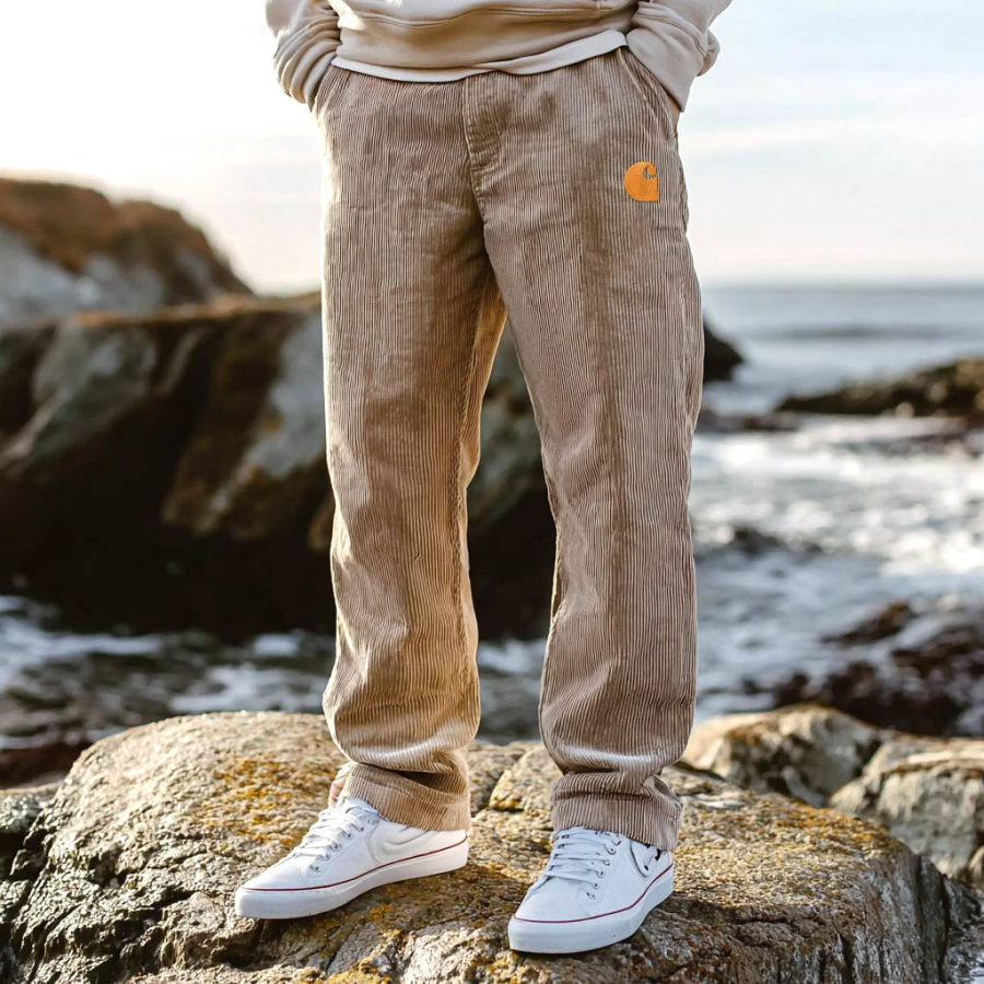 

Carhartt Men's Vintage Surf Embroidery Light Khaki Corduroy Elastic Drawstring Pants Trousers