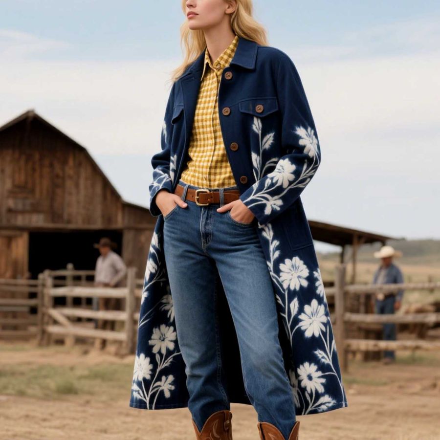 

Women's Vintage Western Cowgirl Cyanotype Floral Tie-Dye Print Mid-Length Lapel Blue Coat Jacket