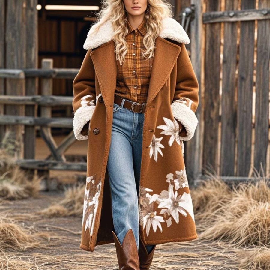

Women's Vintage Western Cowgirl Floral Print Cyanotype Mid-Length Fleece Fur Lapel Brown Coat Jacket