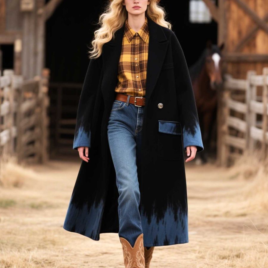 Women's Vintage Western Cowgirl Cyanotype Gradient Tie-Dye Print Mid-Length Lapel Black Coat Jacket