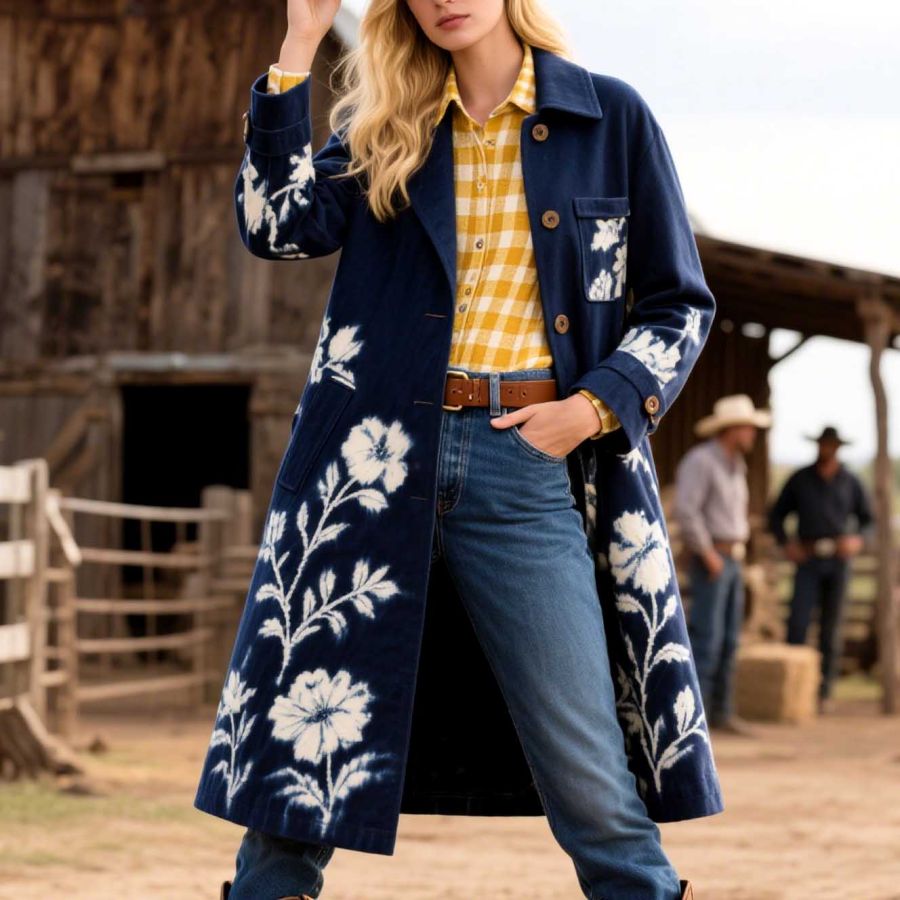 Women's Vintage Western Cowgirl Cyanotype Floral Tie-Dye Print Mid-Length Lapel Blue Coat Jacket