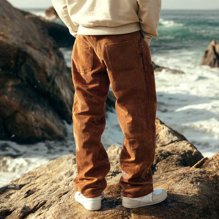 Men's Vintage Surf Brown Corduroy Multi-Pocket Elastic Drawstring Pants