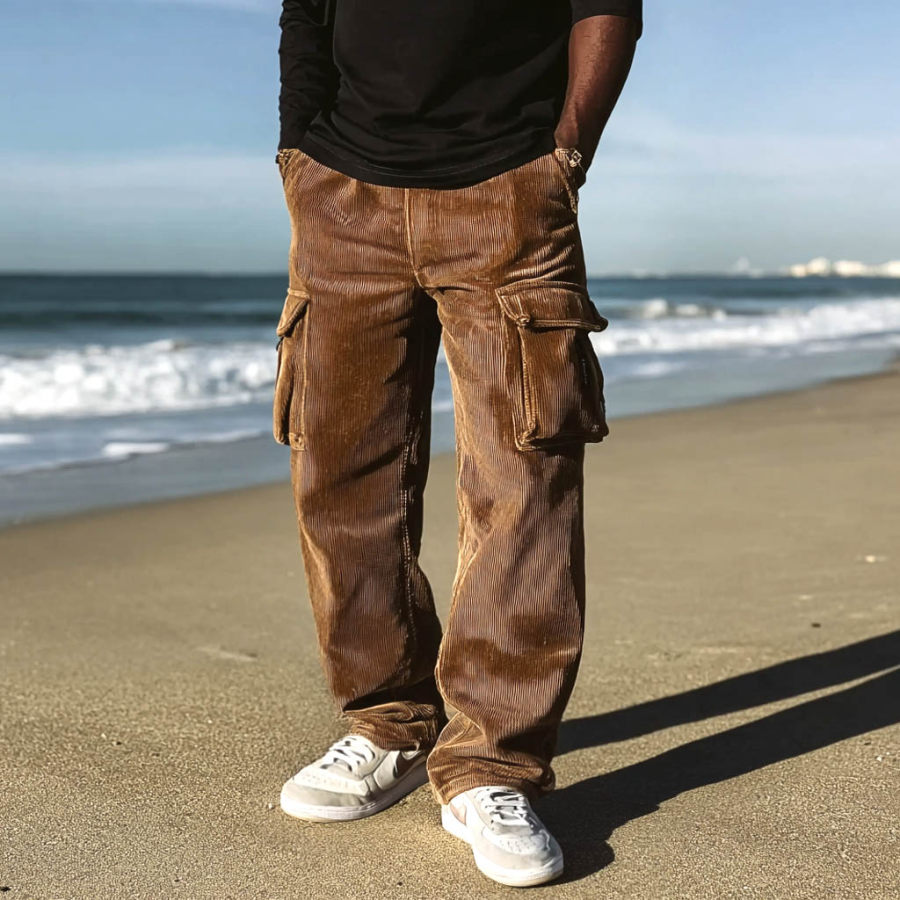 Men's Vintage Surf Brown Corduroy Multi-Pocket Elastic Drawstring Cargo Pants Trousers