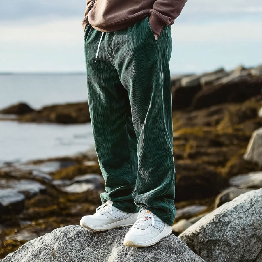 Men's Vintage Surf Dark Green Corduroy Multi-Pocket Elastic Drawstring Pants Trousers