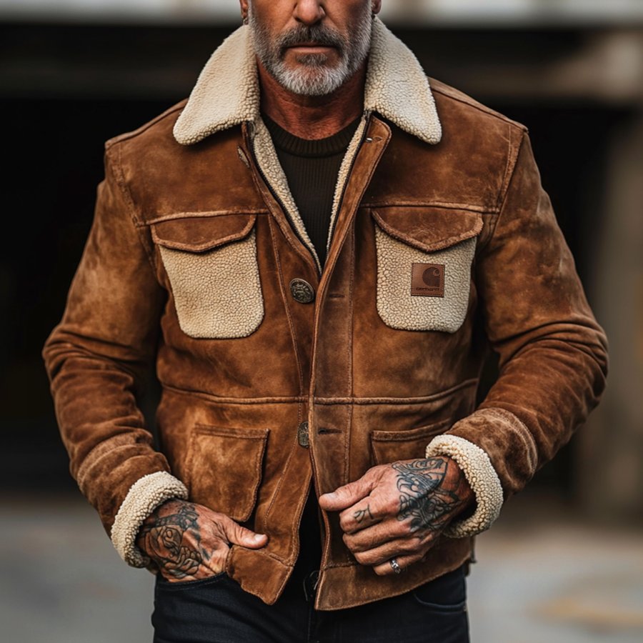 

Classic Brown Suede Shearling Jacket With Stylish Details
