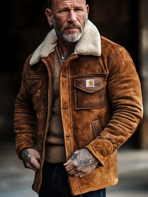 Carhartt Men's Vintage Brown Suede HeavyJacket With Shearling Collar - Pragmaace.com 