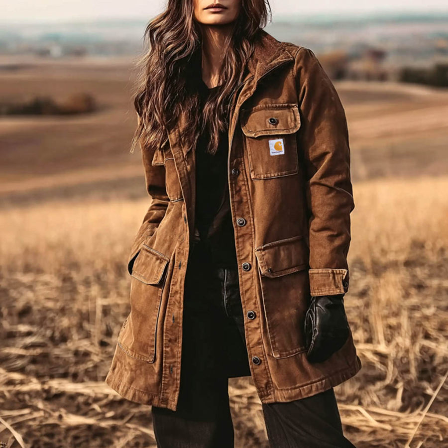 

Women's Vintage Carhartt Western Cowgirl Brown Corduroy Stand Collar Mid-Length Cargo Jacket Duster Coat