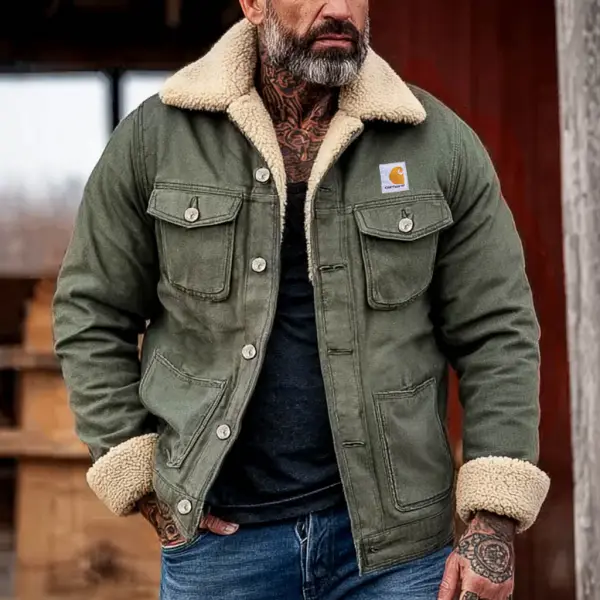 Men's Vintage Western Cowboy Warm Fleece Army Green Cargo Shearling Jacket - Wayrates.com 
