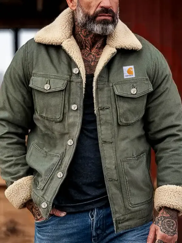 Men's Vintage Western Cowboy Warm Fleece Army Green Cargo Shearling Jacket - Pragmaace.com 