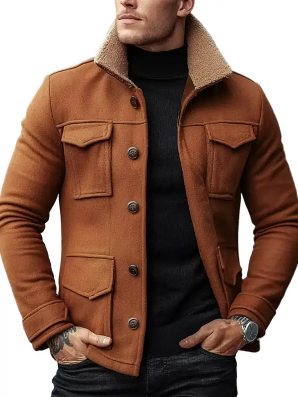 Men's Vintage Wool Multi-Button Fur Stand Collar Shearling Jacket - Menbarn.com 