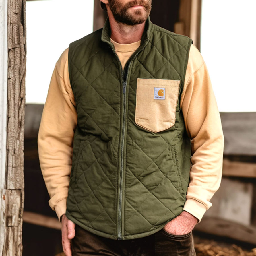 

Men's Vintage Quilted Color Block Chest Pocket Stand Collar Vest
