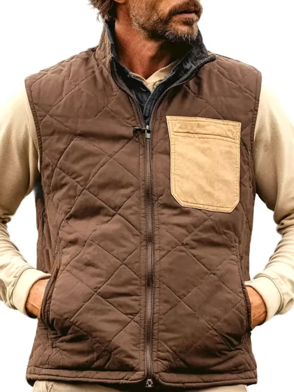Men's Vintage Quilted Brown And Tan Pocket Stand Collar Vest - Wantbright.com 