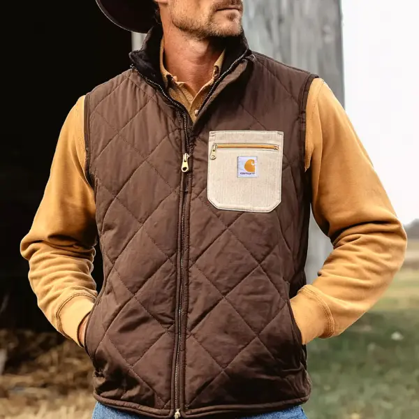 Men's Vintage Quilted Brown And Tan Zipper Pocket Stand Collar Vest - Wayrates.com 