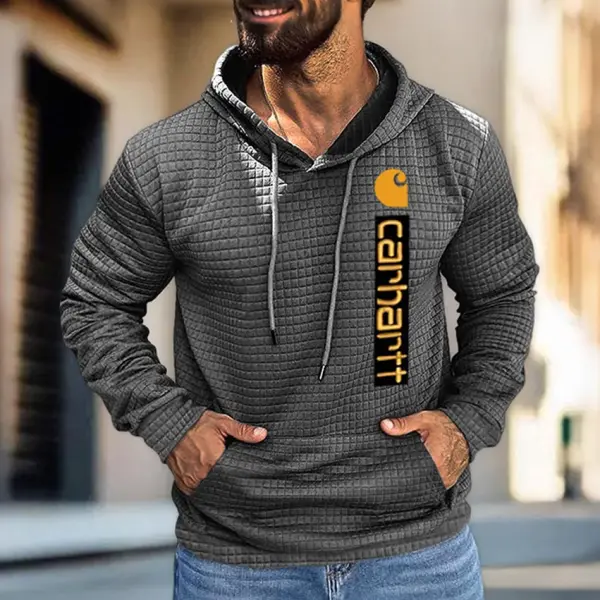 Men's Vintage Quilted Plaid Waffle Pocket Dark Gray Long Sleeve Hoodie - Wayrates.com 