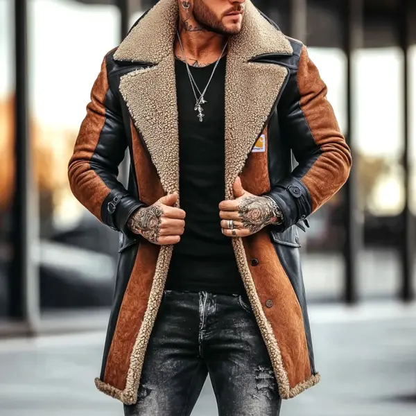 Carhartt Men's Vintage Brown Suede Black Leather Splicing Fleece Warm Fur Mid-Length Shearling Jacket - Wayrates.chimpone.com 