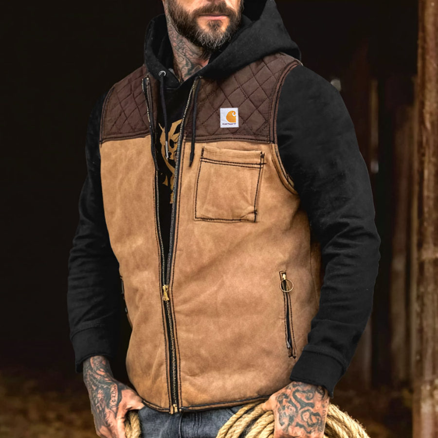 

Men's Vintage Suede Quilted Color Block Splicing Pocket Zipper Vest