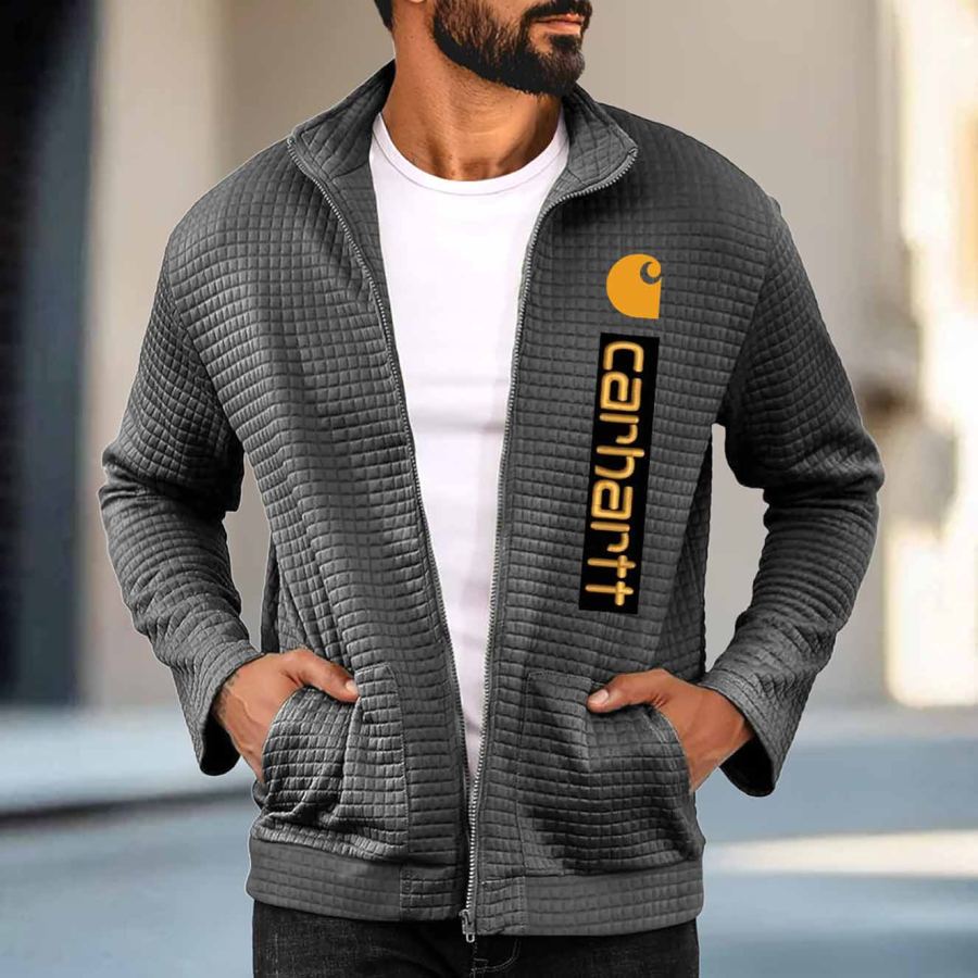 

Men's Vintage Quilted Plaid Waffle Pocket Leisure Lightweight Dark Gray Stand Collar Jackets