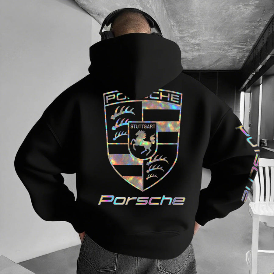 

Men's Vintage Racing Car Reflective Laser Print Pocket Long Sleeve Hoodie
