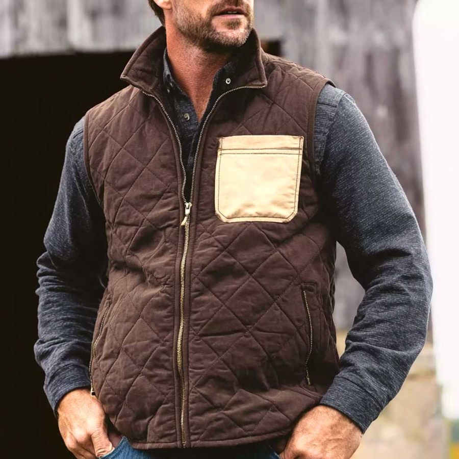 Men's Vintage Brown Quilted Beige Pocket Stand Collar Vest
