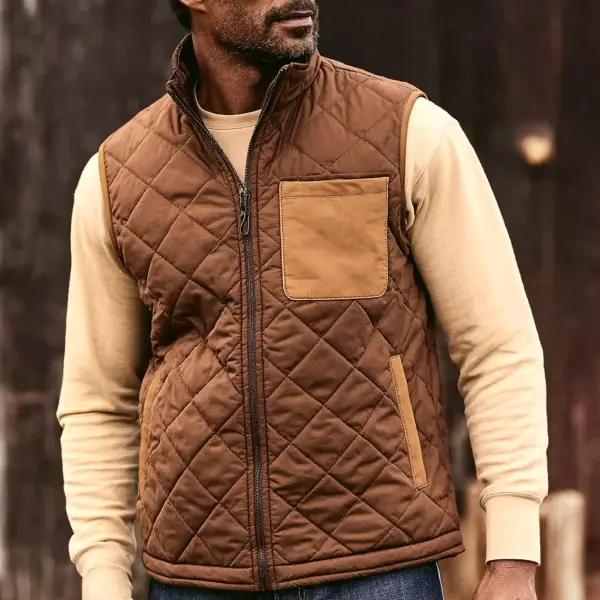 Men's Vintage Brown Quilted Block Pocket Stand Collar Vest - Wayrates.com 