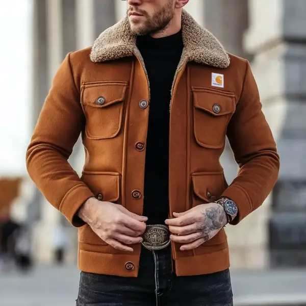 Men's Vintage Brown Wool Fleece Multi-Pocket Sherpa-Lined Jacket - Wayrates.com 