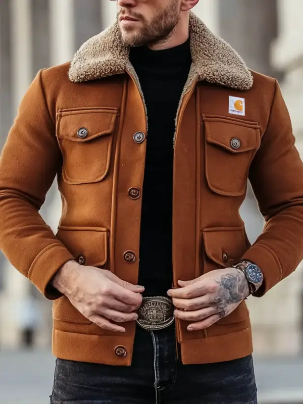 Men's Vintage Brown Wool Fleece Multi-Pocket Sherpa-Lined Jacket - Pragmaace.com 