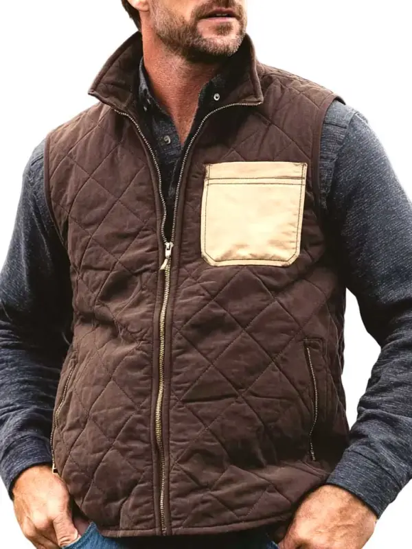 Men's Vintage Brown Quilted Beige Pocket Stand Collar Vest - Wantbright.com 