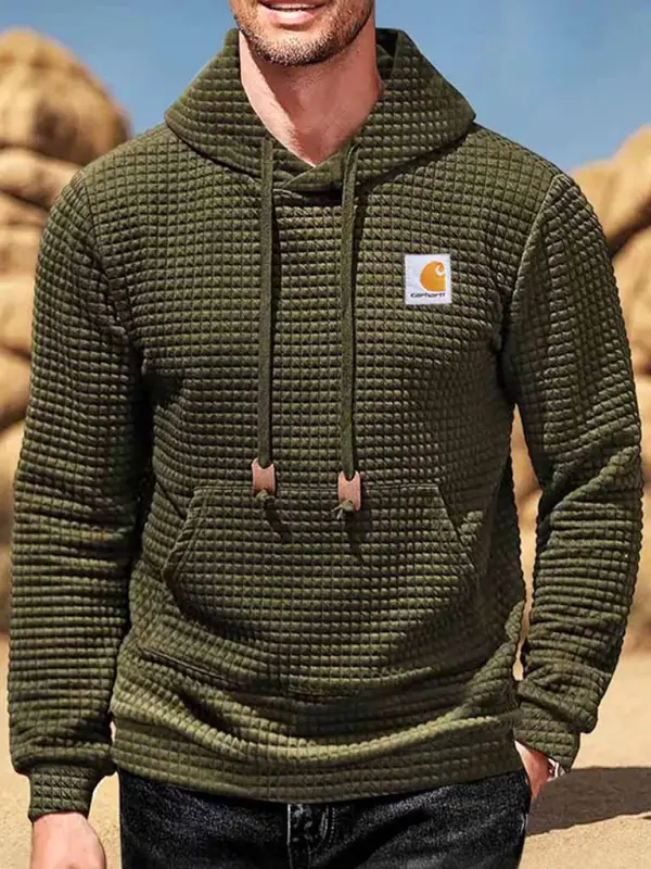 Men's Vintage Quilted Plaid Waffle Pocket Army Green Hoodie - Pragmaace.com 