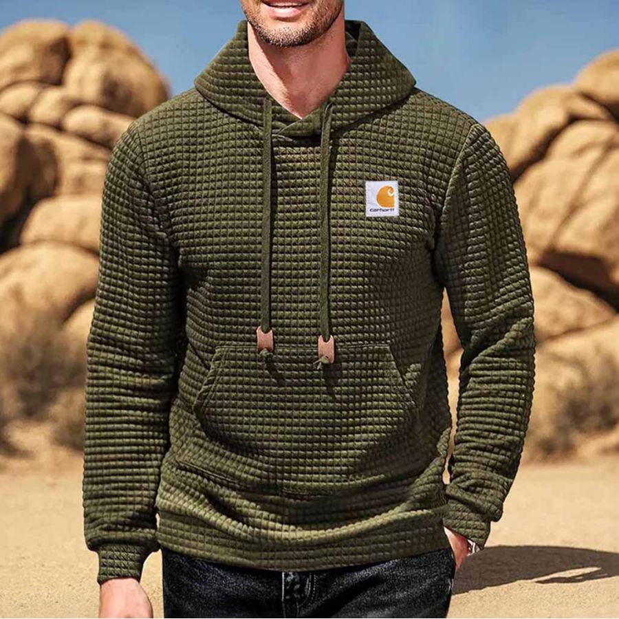 

Men's Vintage Quilted Plaid Waffle Pocket Army Green Hoodie