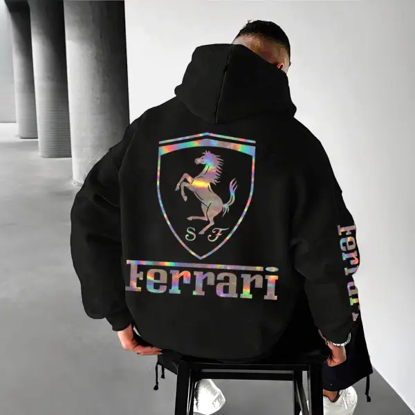Men's Vintage Racing Car Reflective Laser Print Pocket Loose Black Long Sleeve Hoodie - Wayrates.com 