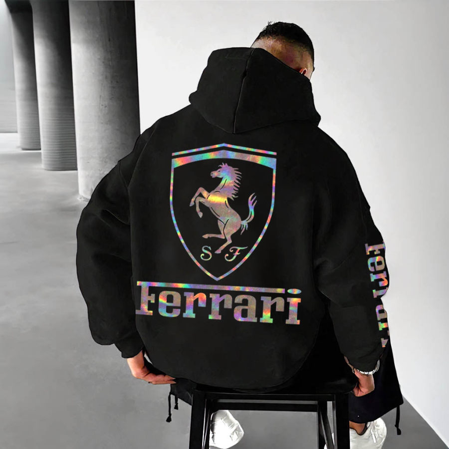 Men's Vintage Racing Car Reflective Laser Print Pocket Loose Black Long Sleeve Hoodie