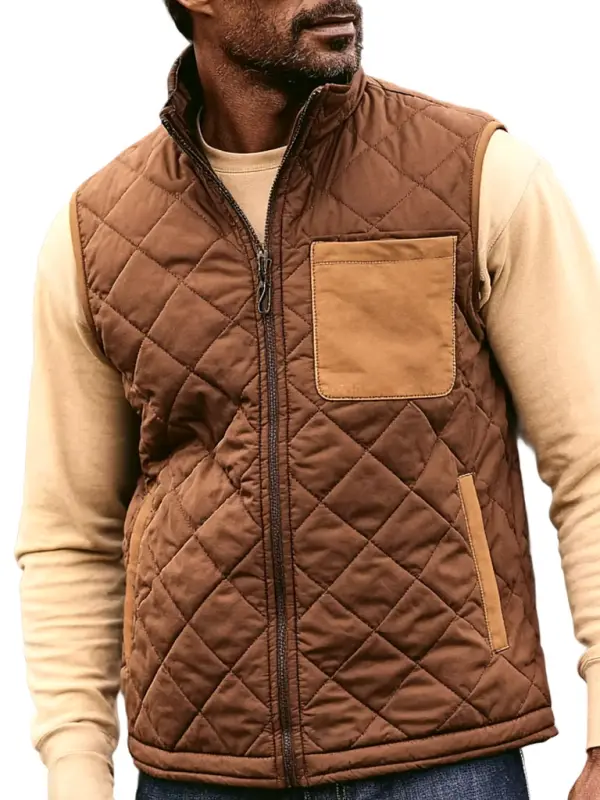 Men's Vintage Brown Quilted Block Pocket Stand Collar Vest - Pragmaace.com 