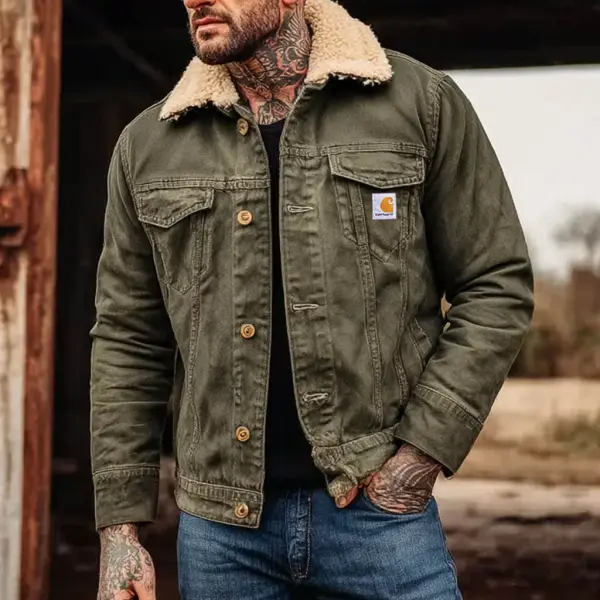 Men's Vintage Western Cowboy Military Green Fur Lapel Collar Cargo Shearling Jacket - Wayrates.com 