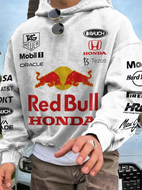 Men's 2025 Newest Retro Racing Print White Oversized Hoodie - Pragmaace.com 