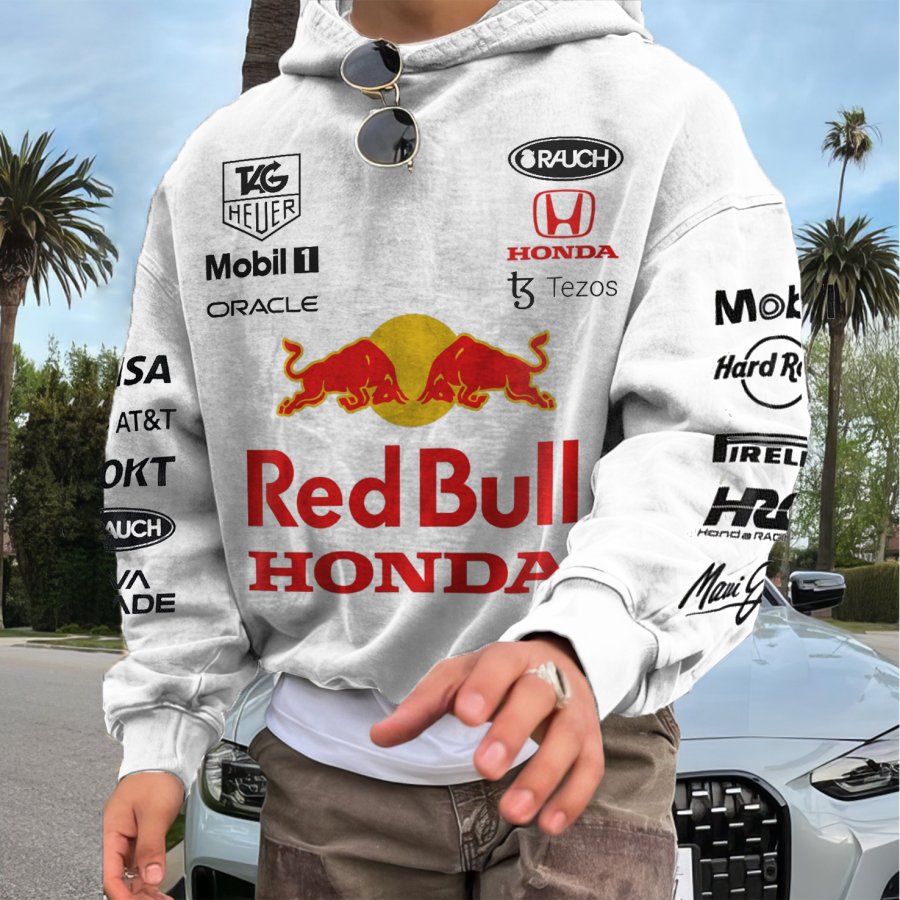 Men's 2025 Newest Retro Racing Print White Oversized Hoodie