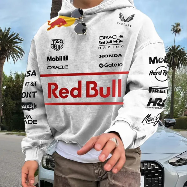 Men's 2025 Newest Retro Racing Print White Oversized Hoodie - Wayrates.com 