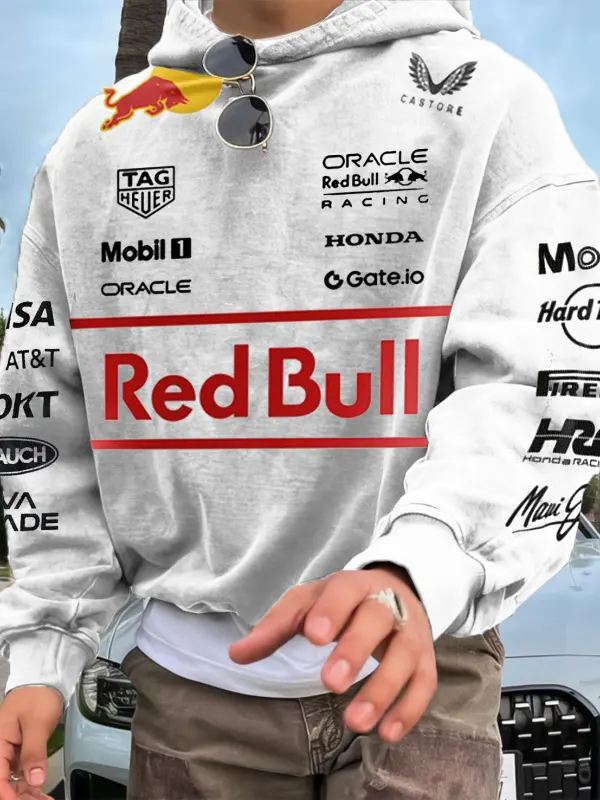 Men's 2025 Newest Retro Racing Print White Oversized Hoodie - Pragmaace.com 